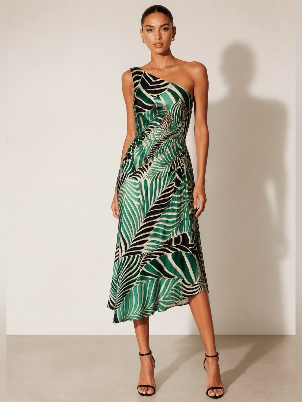 Maggy London Green and Black Leaf-Print One-Shoulder Midi Dress Asymmetrical hem